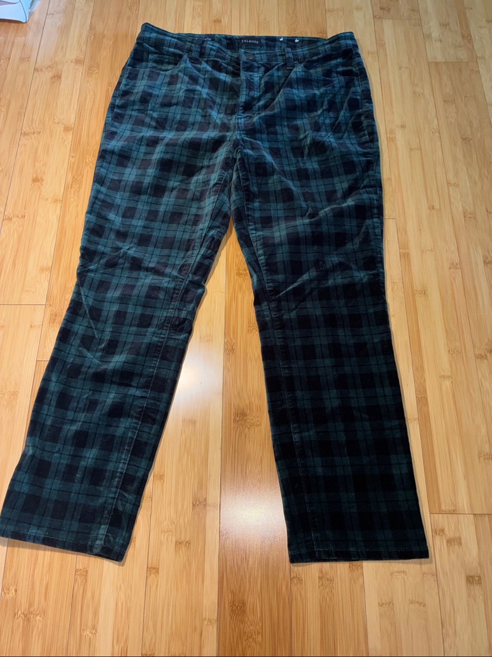 Talbots Dark Green Navy Black Watch Plaid Velveteen Straight Leg Pants 14P NWOT